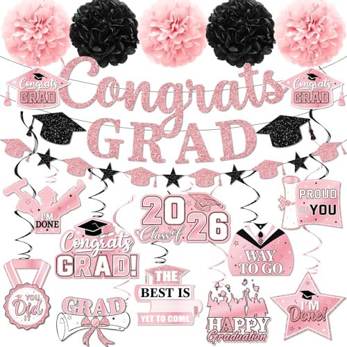 2026 Pink Graduation Decorations,graduation Decorations Class Of 2026 Rose Gold Graduation Banner Congrats Grad Hanging Swirls for College Grad Party | Amazon (US)