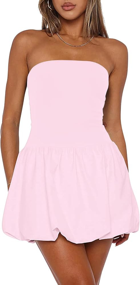 Women Y2K Puff Bubble Tube Top Dress Sexy Strapless Summer Mini Dress Wedding Club Party A Line D... | Amazon (US)