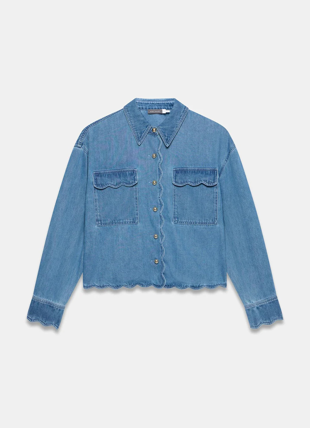 Mid Indigo Denim Scallop Shirt | Mint Velvet
