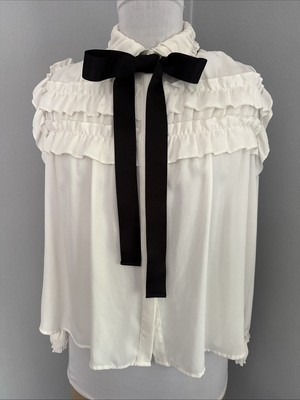Zara Basic Collection Top Women's S Ivory Bow-Tie Ruffle Blouse Boho Preppy | eBay US