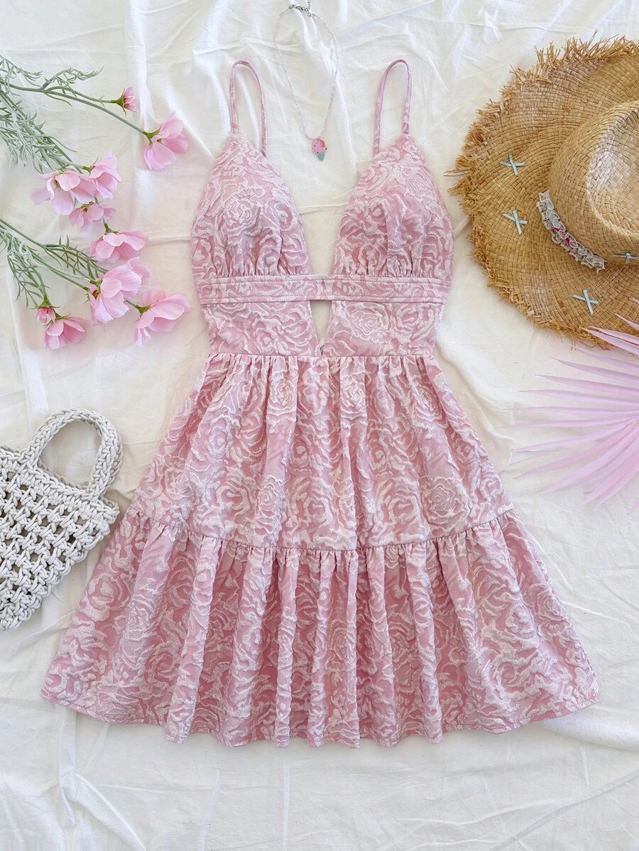 SHEIN Dreamara Women's Pink Rose Print Embossed Slip Cute Dress, Vacation & Valentine's Day Style... | SHEIN