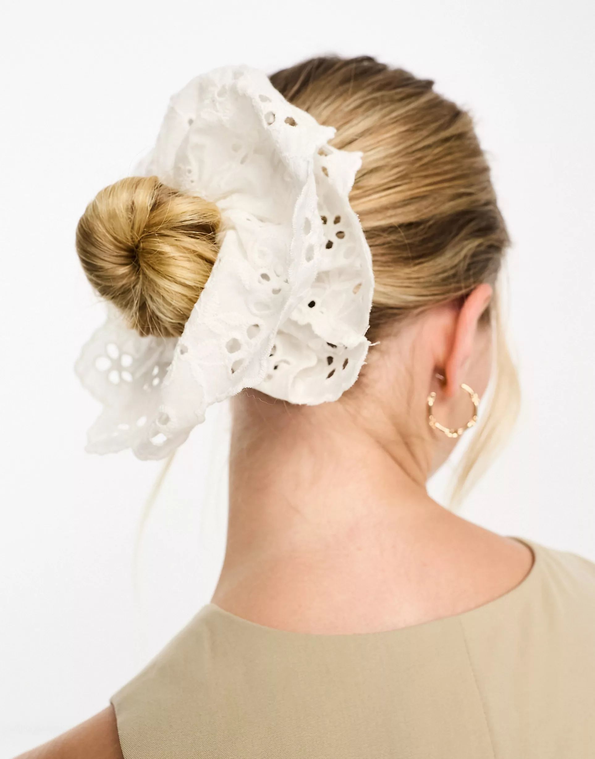 Daisy Street oversized broiderie scrunchie in white | ASOS (Global)