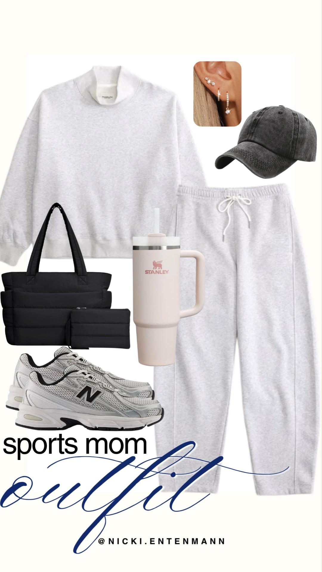 Stay cozy and stylish on game day with this sports mom outfit featuring a matching heather grey mock-neck sweatshirt and relaxed drawstring sweatpants. Complete the look with retro metallic New Balance sneakers, a black quilted tote and pouch, a washed charcoal baseball cap, delicate huggie earrings, and a soft pink Stanley tumbler. It is the ultimate effortless set for chilly mornings on the sidelines.

#sportsmom #momstyle #athleisure #casualoutfit #sidestyle #cozystyle #outfitinspiration #everydayfashion 

 #LTKootd #LTKmomlife #LTKTravel