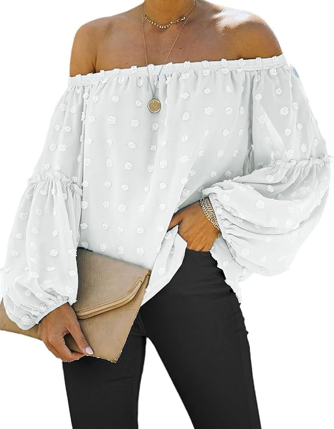 KIRUNDO Women’s Tops Summer Chiffon Off The Shoulder Tops Swiss Dot 3/4 Bell Sleeves Casual Blo... | Amazon (US)