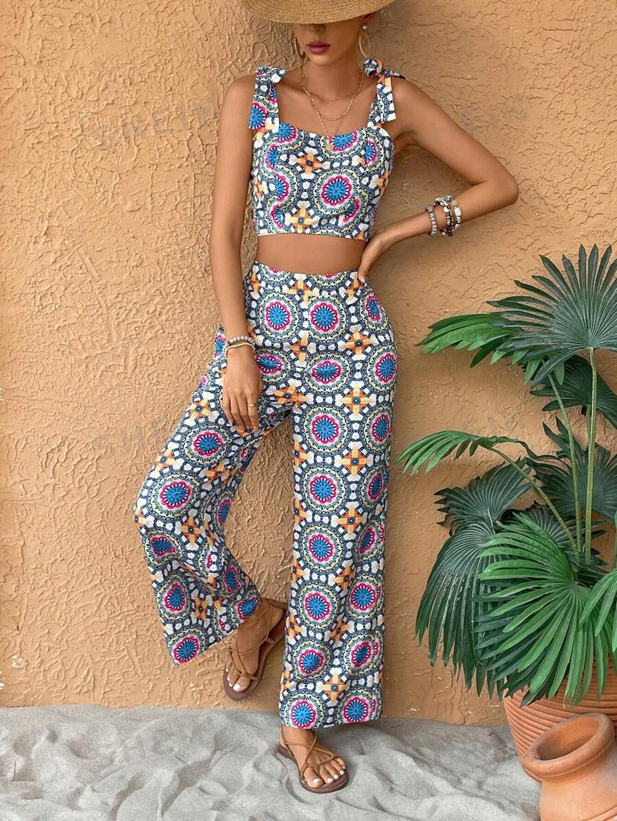 SHEIN VCAY Holiday Printed Crop Top And Wide Leg Pants Two Piece Set | SHEIN