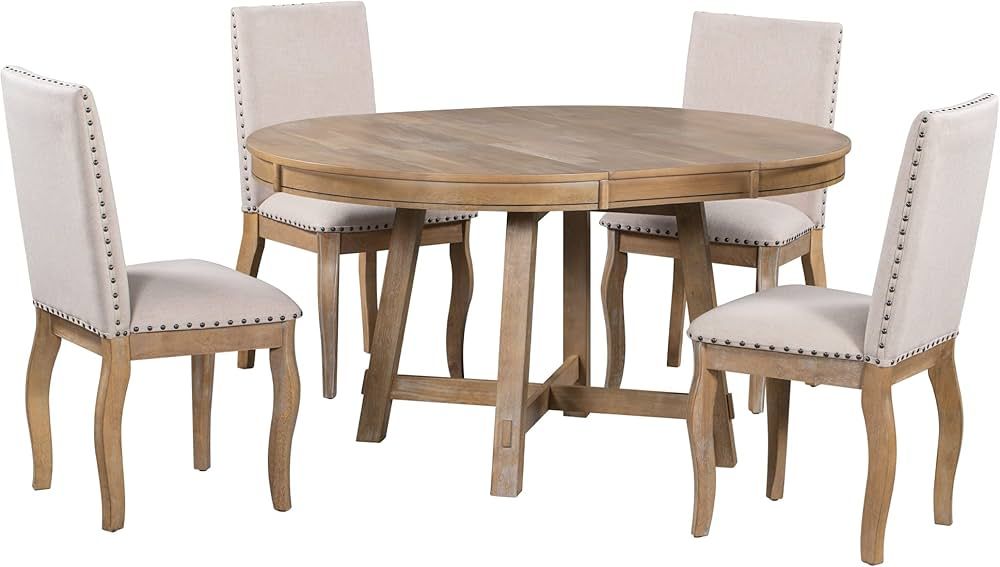 Merax 5-Piece Farmhouse Wooden Round Extendable Dining Table Set with 4 Upholstered Chairs, Famil... | Amazon (US)