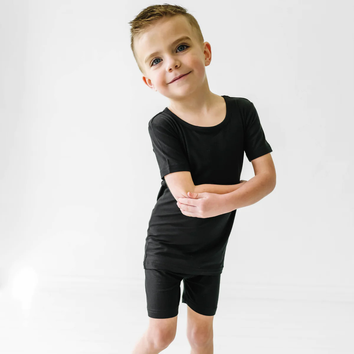 Black Two-Piece Short Sleeve & Shorts Bamboo Viscose Pajama Set | Little Sleepies