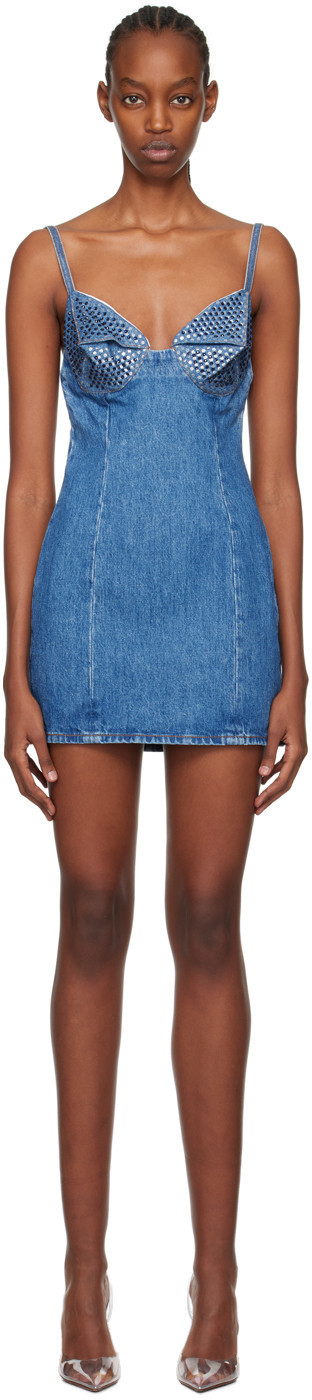 AREA Blue Crystal Denim Minidress | SSENSE