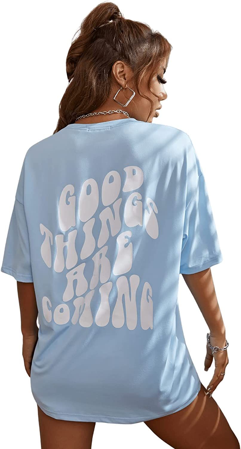 SweatyRocks Women's Short Sleeve Round Neck Tee Graphic Oversized T-Shirt | Amazon (US)