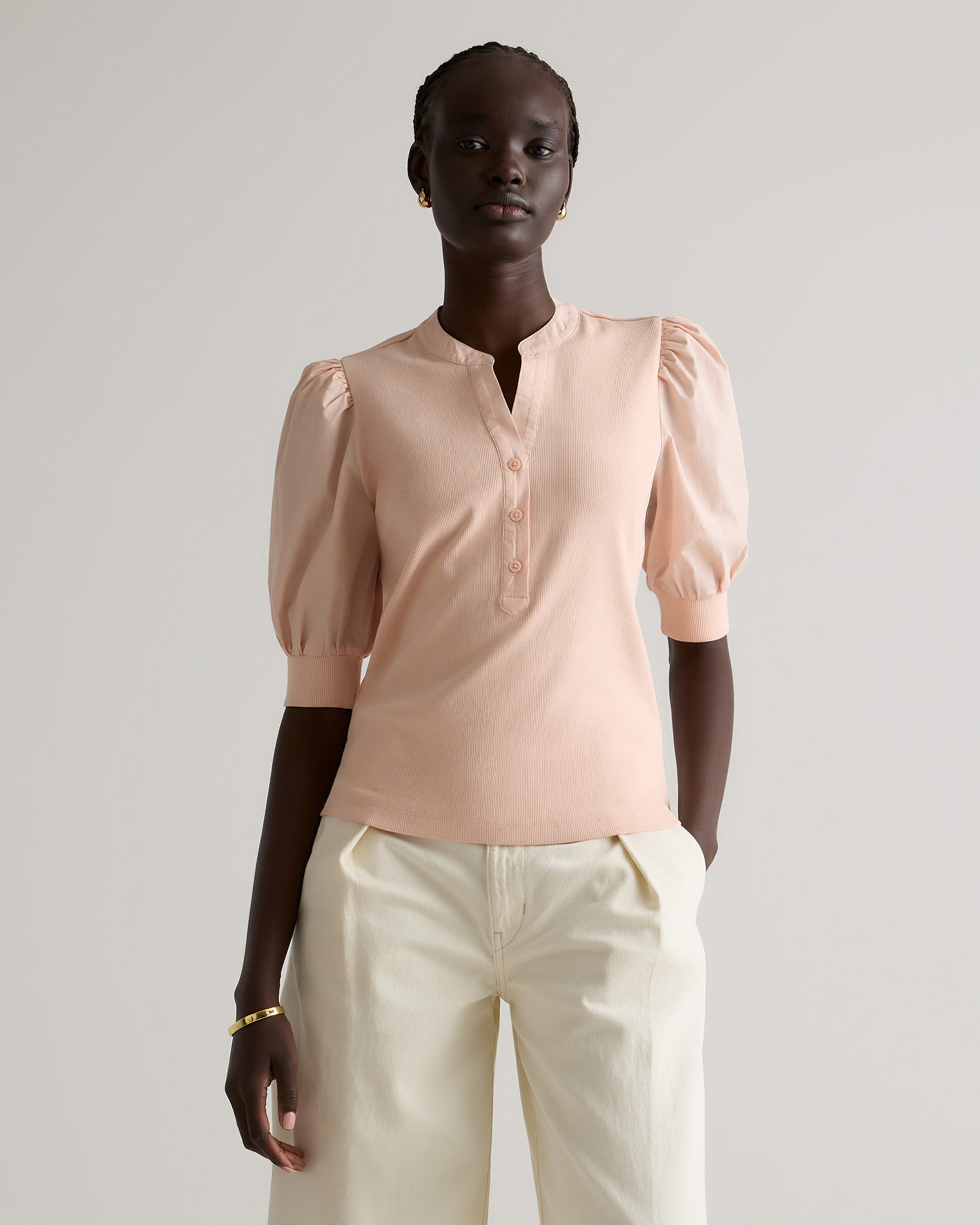 Cotton Mixed Media Puff Sleeve Top in Ballet Slipper | Quince