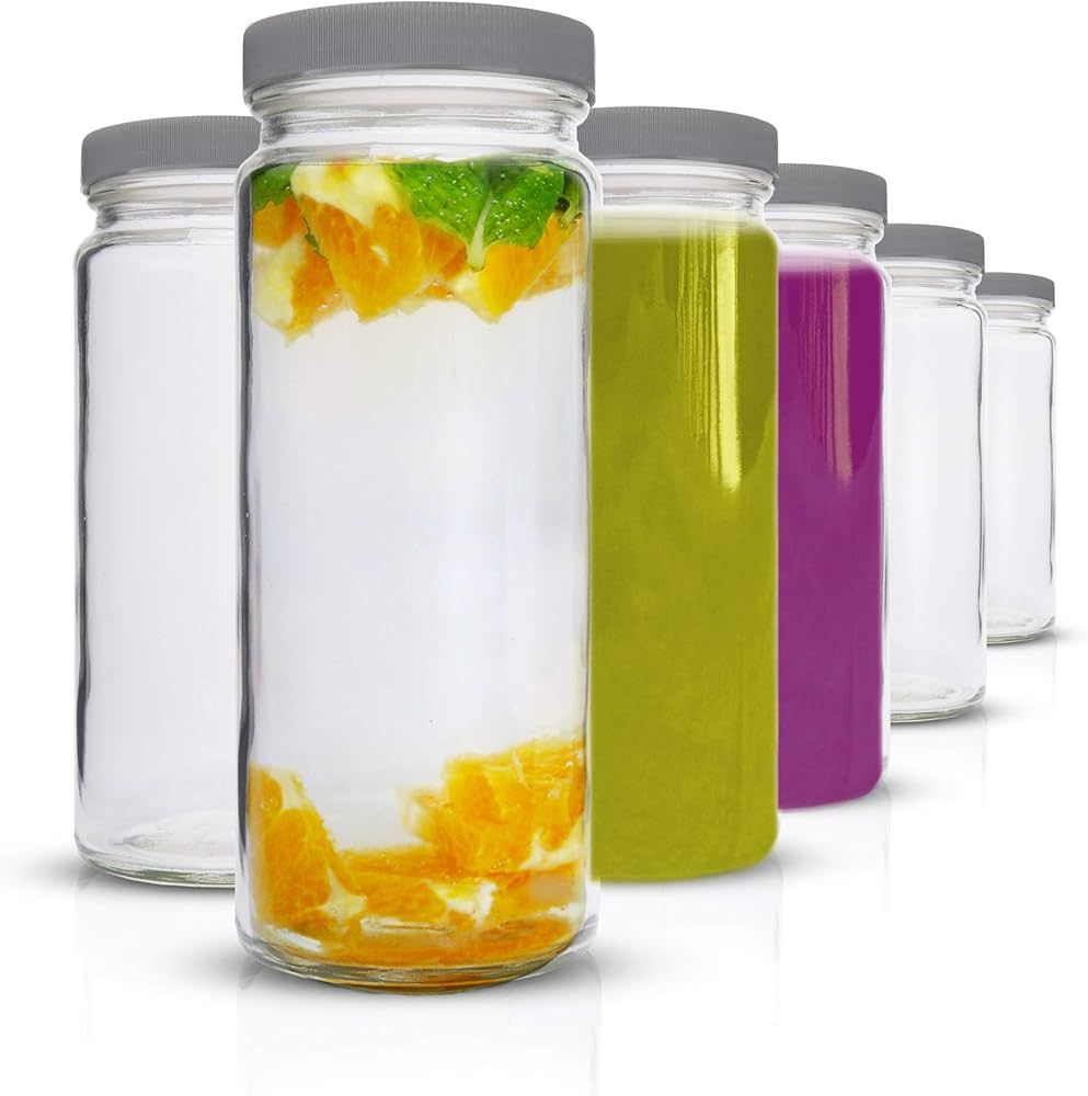 All About Juicing Glass Water Bottles Set - 6 Pack Wide Mouth with Lids for Juice, Smoothies, Bev... | Amazon (US)