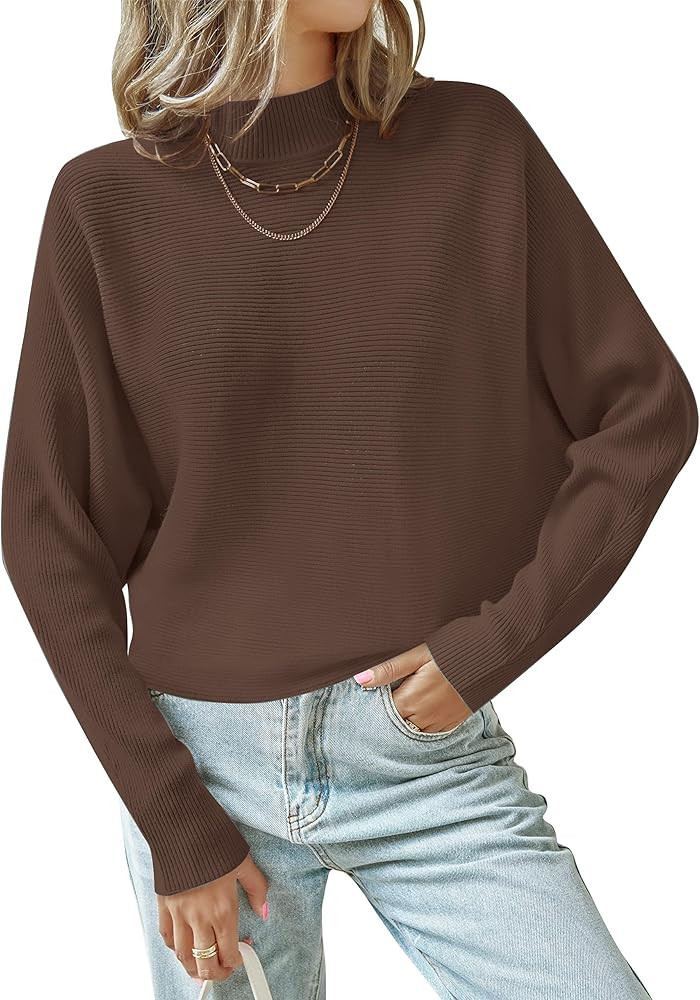 ZESICA Women's Fall 2025 Turtleneck Batwing Long Sleeve Ribbed Knit Casual Soft Pullover Sweater ... | Amazon (US)