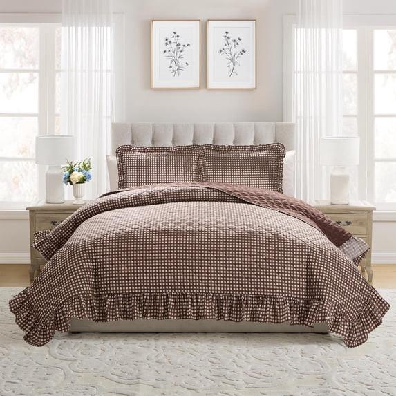My Texas House Gingham Ruffle 3-Piece Brown Adult Quilt Set, Full/Queen | Walmart (US)