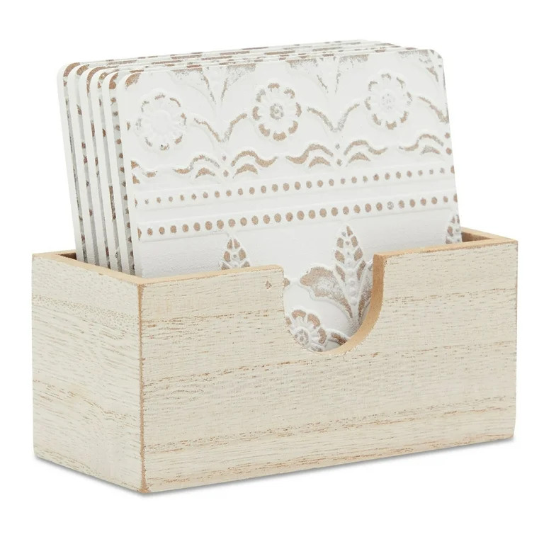 Set of 6 White Wooden Coasters with Holder for Drinks, Coffee Table, and Floral Farmhouse Decor (... | Walmart (US)