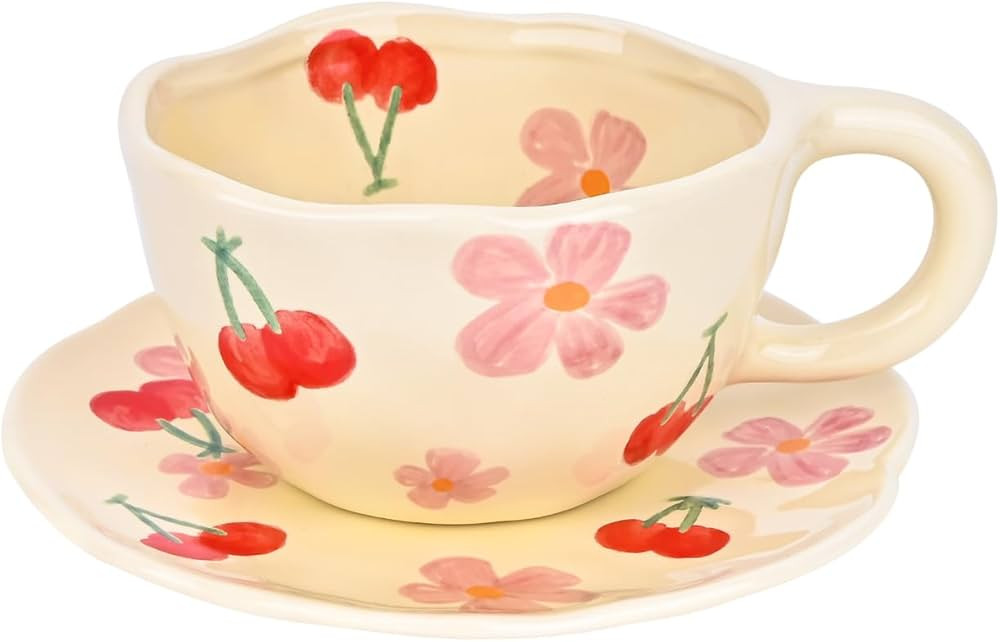 Koythin Ceramic Coffee Mug with Saucer, Cute Flower Cup for Office and Home, 8.5 oz/250 ml for La... | Amazon (US)