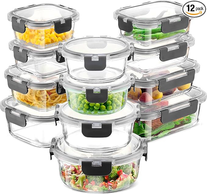 FineDine 24 Piece Glass Storage Containers with Lids - Leak Proof, Dishwasher Safe Glass Food Sto... | Amazon (US)