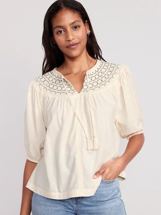 Puff-Sleeve Tie-Front Embroidered Swing Top for Women | Old Navy (US)