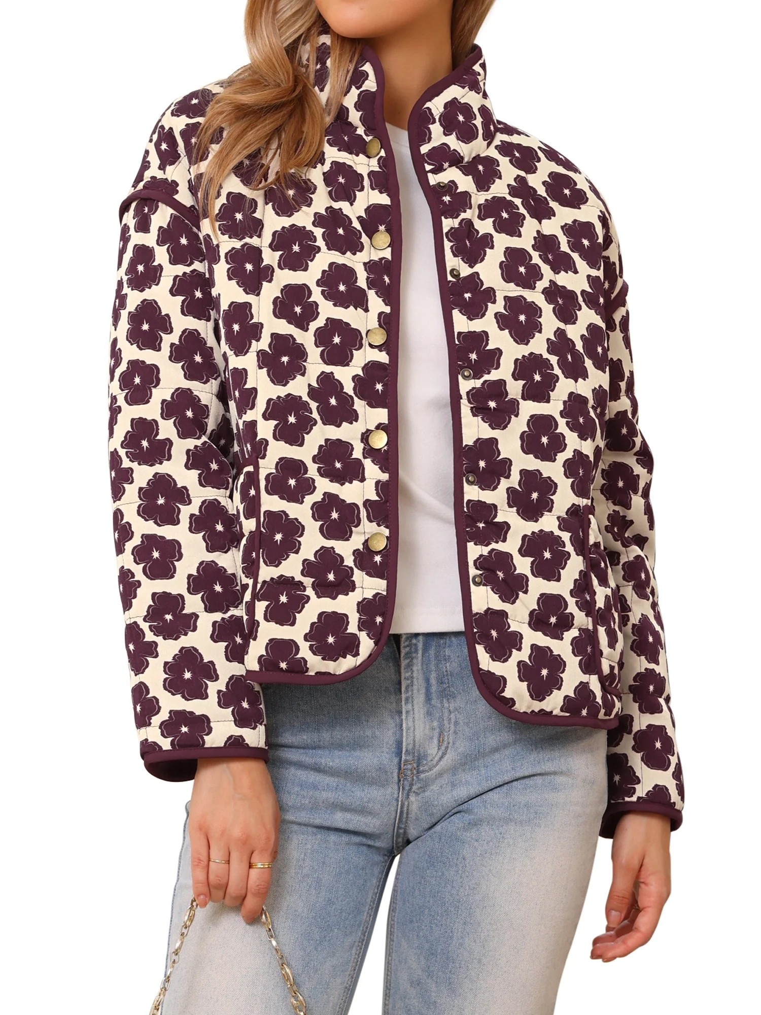 INSPIRE CHIC Casual Floral Jackets for Women's Button Long Sleeve Fall Trendy Coats XS Beige | Walmart (US)