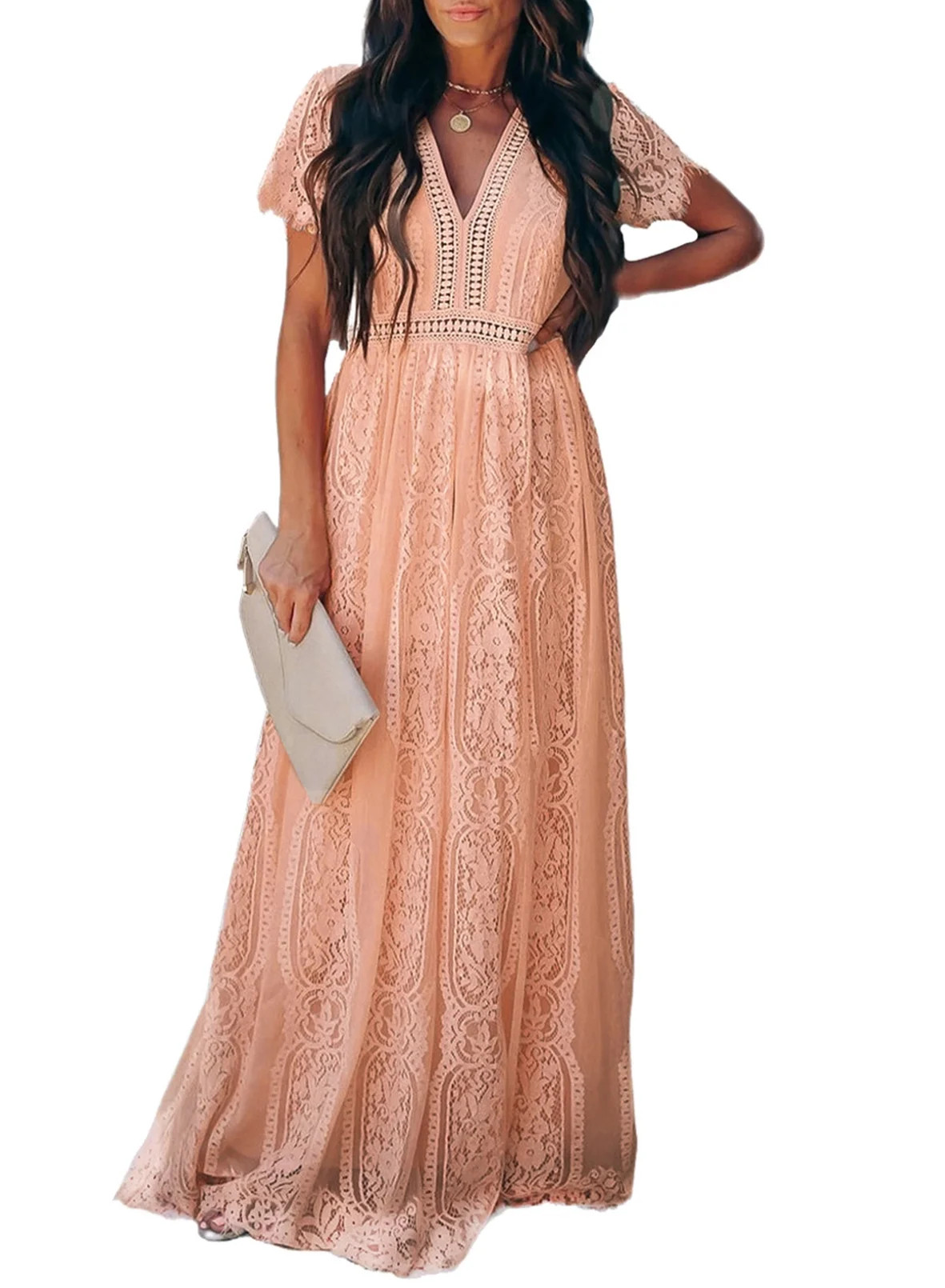 Dokotoo Womens Pink Lace Overlay V Neck Short Sleeve Evening Gown Party Maxi Dress Size Medium US... | Walmart (US)