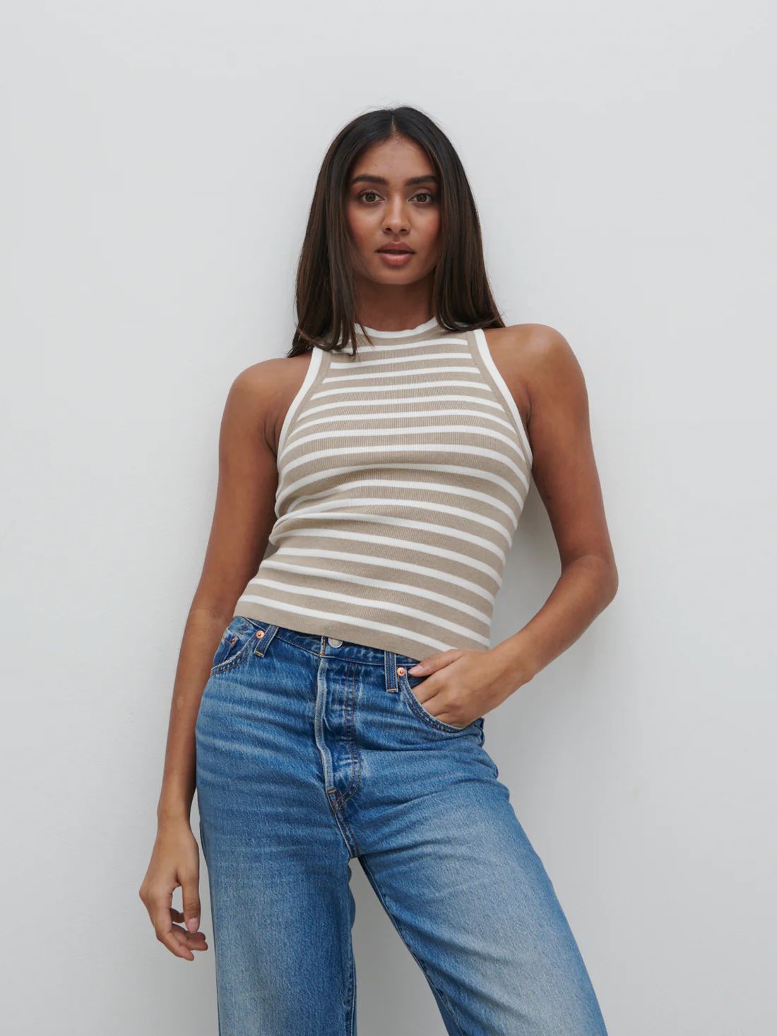 Ferne Stripe Knit Racer Top - Beige and Cream Stripe | Pretty Lavish (UK)