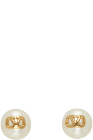 Boucles d'oreilles blanc et doré à logo en V et à perle | SSENSE