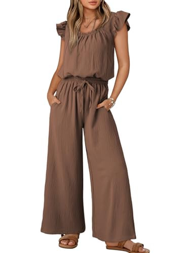 Dokotoo Short Sleeves Jumpsuits Womens 2026 Cute Spring Square Neck Flowy Long Rompers Drawstring Elastic Waisted Wide Leg Cruise Outfits Plus Size with Pockets,Coffee Small | Amazon (US)