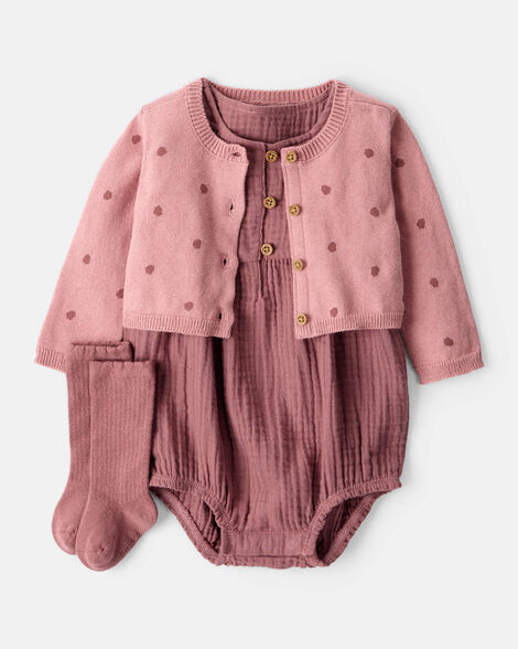 Baby Girl 3-Piece Acorn Print Short-Sleeve Dress Set - Pink | Carter's Inc