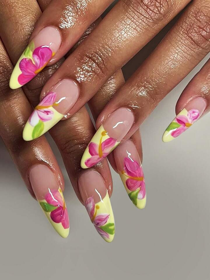 24pcs Medium-Length Almond Press On Nail Y2K Style Candy Colorful Flower Fake Nails Design Flower... | SHEIN