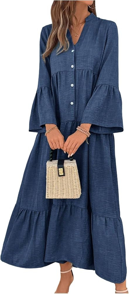 SweatyRocks Women's Flowy Maxi Dresses Bell Long Sleeve Half Button Ruffle A Line Dress | Amazon (US)