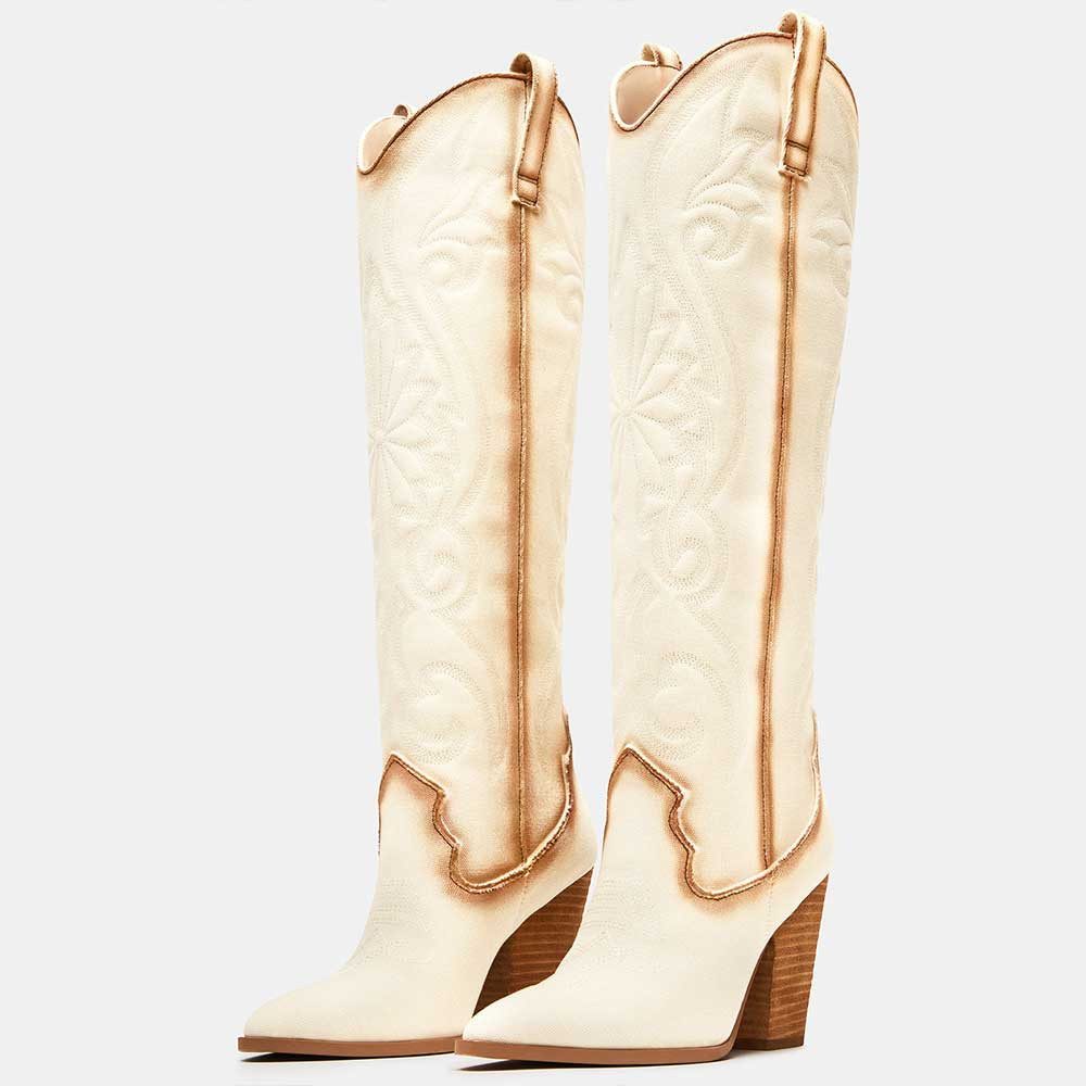 White & Brown Pointy Toe Embroidered Heeled Knee High Cowgirl Boots | FSJshoes.com