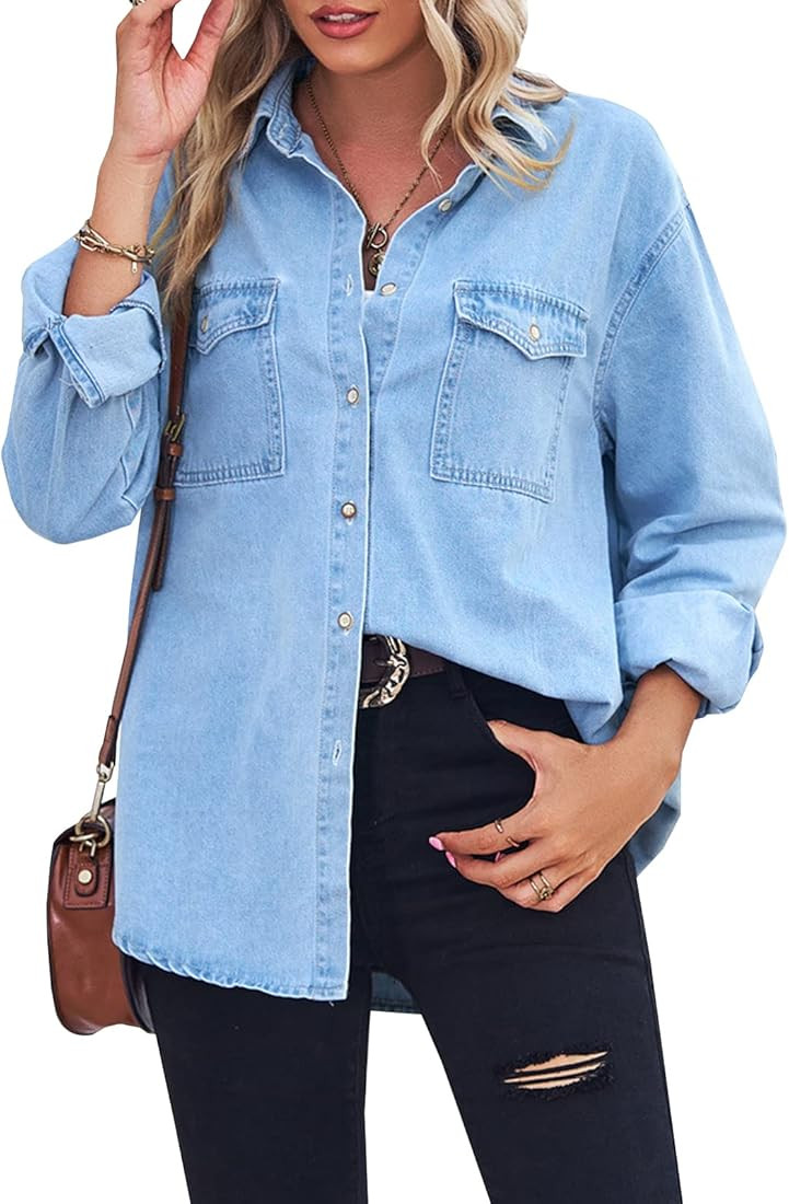 YUZIBAO Women's Chambray Button Down Denim Shirt Collared Western Snap Shirt Pocket Tops | Amazon (US)