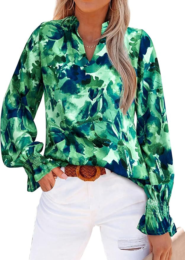 MASCOMODA Womens V Neck Floral Long Sleeve Tops 2024 Summer Casual Loose Puff Sleeve Chiffon Boho... | Amazon (US)