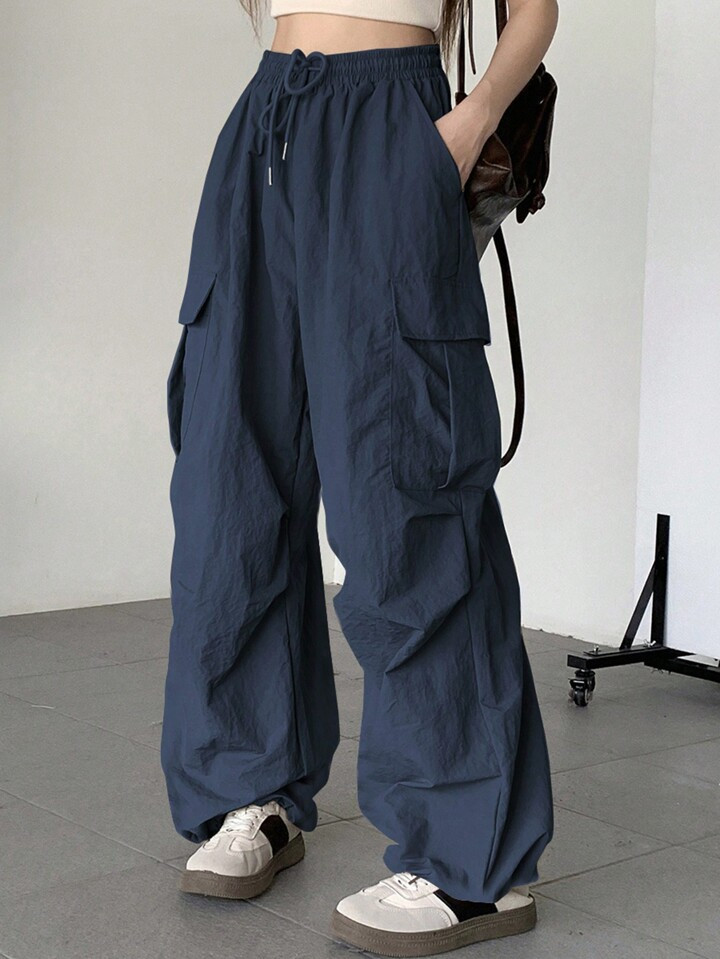 DAZY Women's Casual Solid Color Drawstring Waist Wide Leg Cargo Parachute Pants | SHEIN