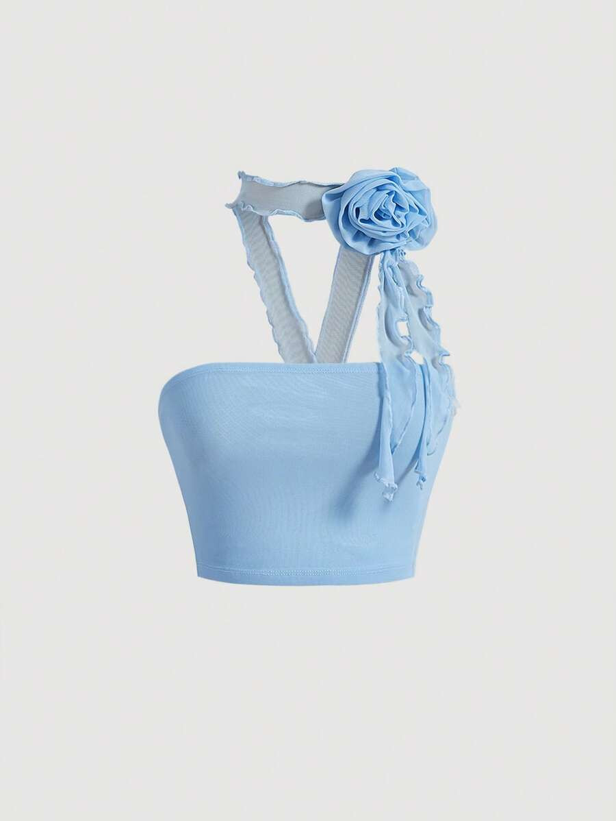 SHEIN MOD Solid Floral Appliques Halter Top | SHEIN