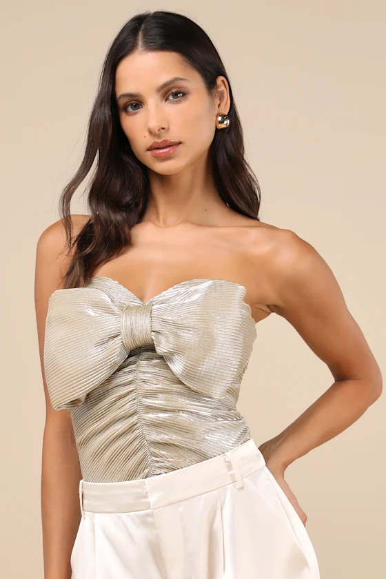 Fashionista Flair Shiny Champagne Bow Strapless Top | Lulus