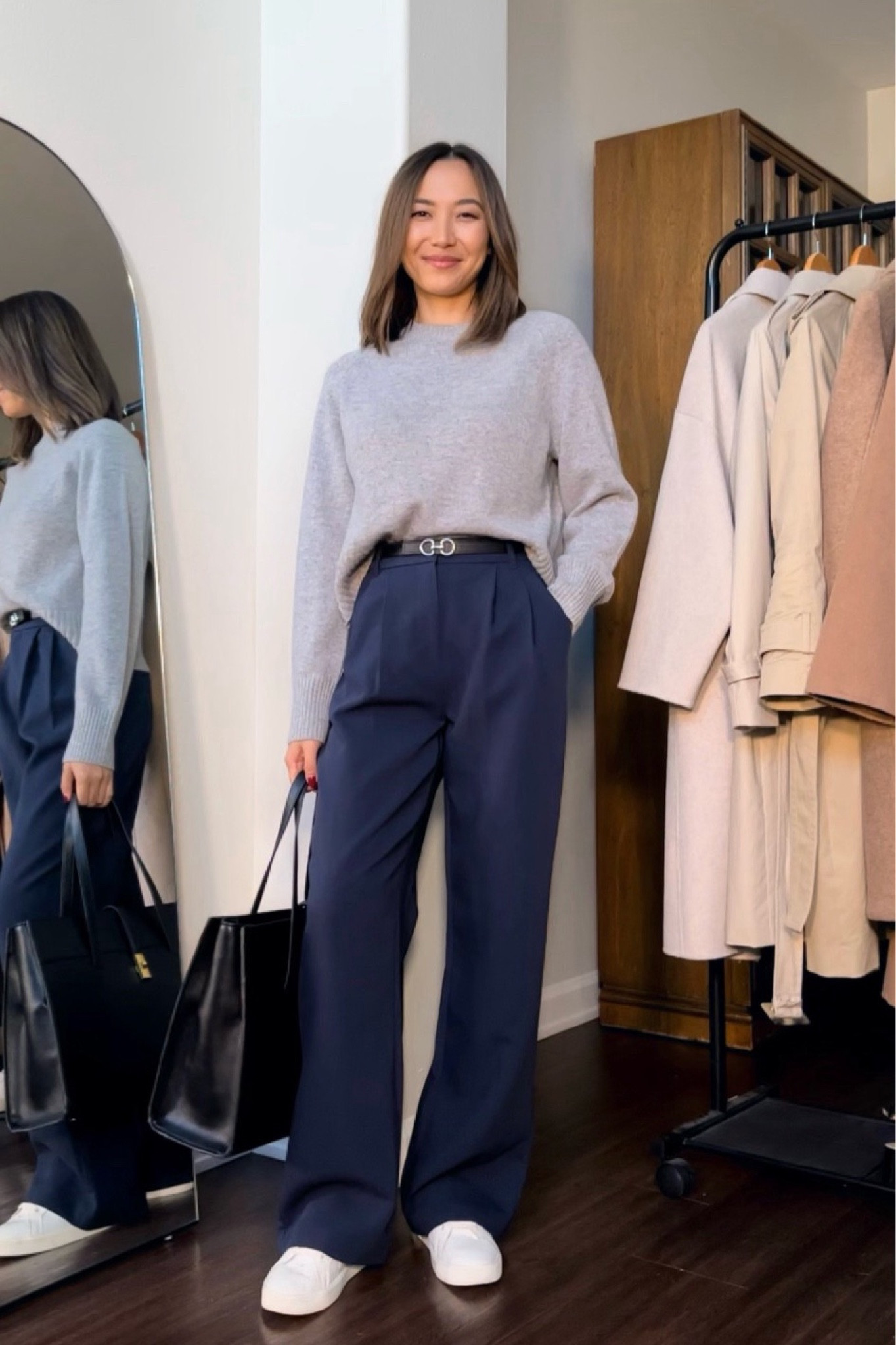 Comfy work outfit for the fall styling navy trousers 

• cashmere sweater - Everlane 
• pants - Abercrombie, available in 20 different colors & inseams, I’m wearing size 25 & regular length, if you’re shorter than 5’4” I would recommend the shorter length 

Workwear for the fall / outfits for the fall /  office outfit / business casual workwear / under $100 

#LTKfindsunder100 #LTKworkwear #LTKstyletip