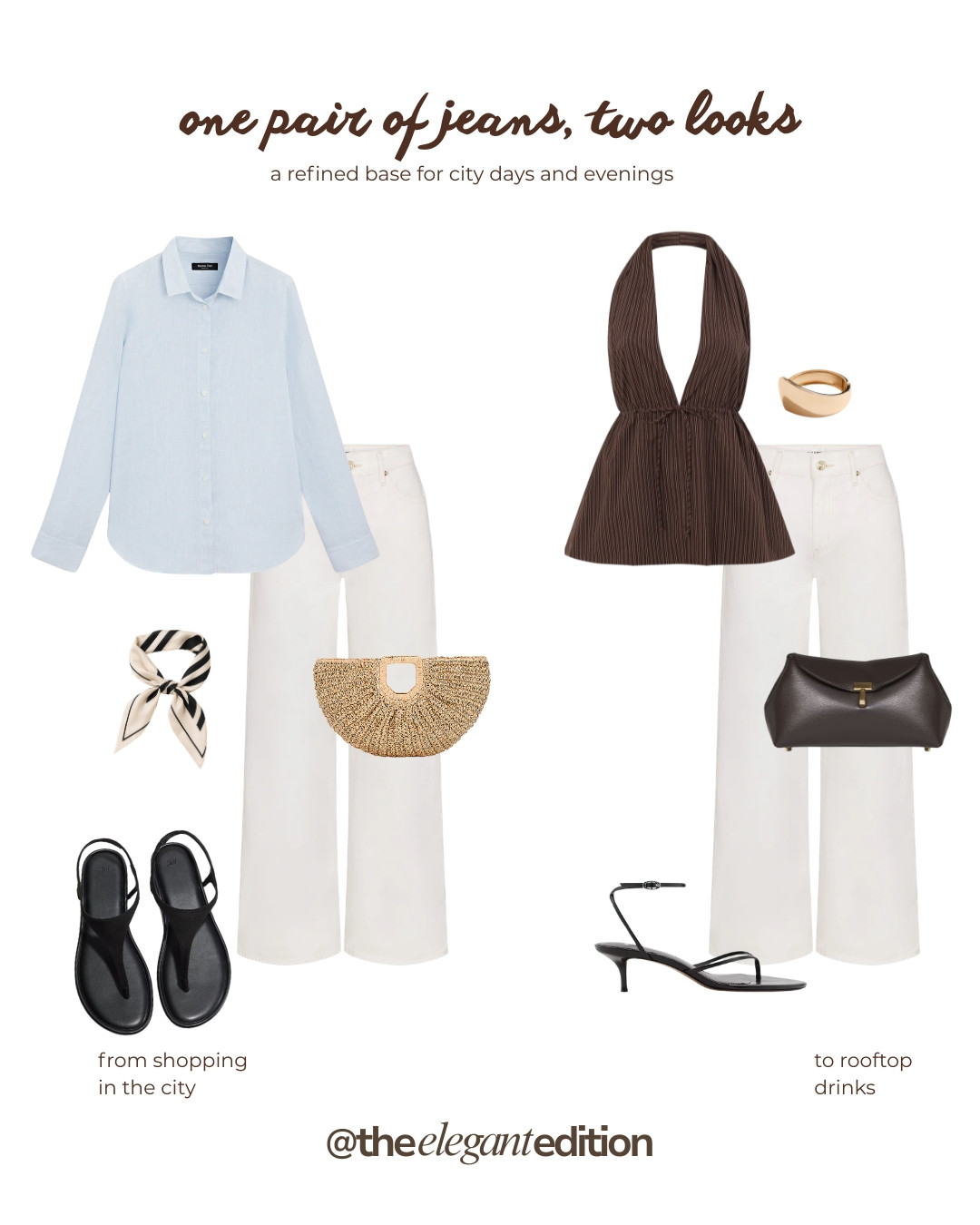 ONE PAIR OF JEANS, TWO LOOKS 🤍🤎 — White wide-leg jeans styled two ways. Day: light blue linen shirt, silk scarf, woven bag and black sandals. Evening: brown pinstripe halter top, dark brown clutch and kitten heel sandals.
#denim #summeroutfit #oldmoney #quietluxury 

   

#LTKsummer #LTKeurope #LTKtravel #LTKeurope #LTKtravel #LTKstyletip