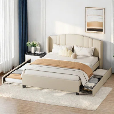 Upholstered Platform Bed With Wingback Headboard, One Twin Trundle And 2 Drawers | Wayfair North America