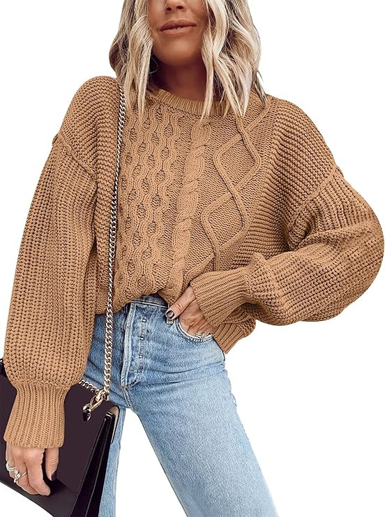 ANRABESS Women's Lantern Long Sleeve Round Neck Oversized Loose Fit Chunky Cable Knit Pullover Sw... | Amazon (US)