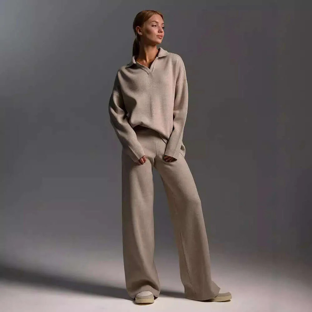 Solid color collar sweater set, knitted sweater+straight wide leg pants two-piece set | DHGate