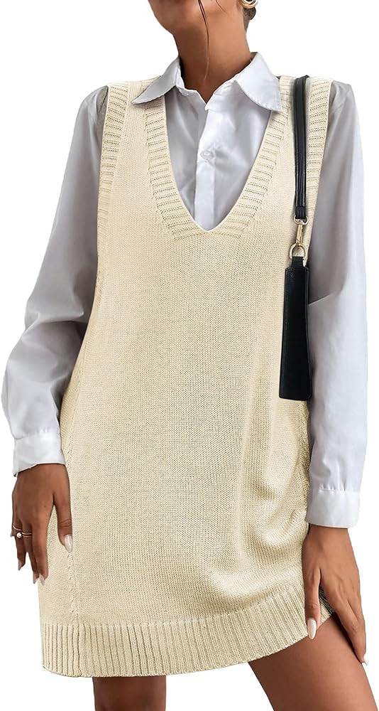 HOTOUCH Women Sweater Vest Oversized V Neck Sleeveless Knit Pullover Ribbed Vest Dress with Pocke... | Amazon (US)