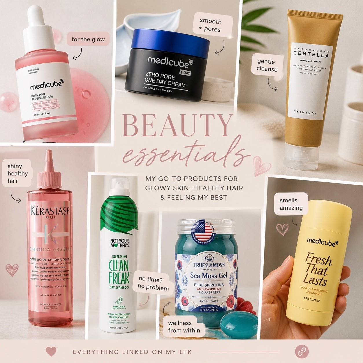 Current skincare + beauty favorites that have been making me feel SO put together lately 🤍

• Medicube PDRN Pink Peptide Serum for the glow
• Medicube Zero Pore Cream for smooth skin
• Skin1004 Centella Cleanser when my skin feels sensitive
• Kérastase Chroma Absolu for shiny healthy hair
• Not Your Mother’s Dry Shampoo because life 😭
• Sea Moss Gel for my wellness era
• Medicube deodorant literally smells amazing

Everything linked in my LTK 🫶

#LTKSaleAlert #LTKgrwm #LTKselfcare