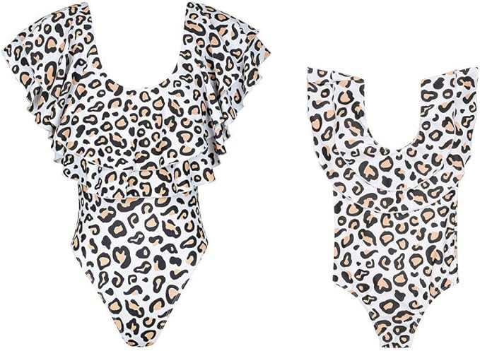 Mommy and Me Swimsuit One Piece Leopard Ruffle Bathing Suit Family Matching Swimwear Monokini | Amazon (US)