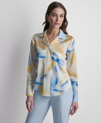 DKNY Women's Printed Long-Sleeve Covered Placket Top - Macy's | Macy's