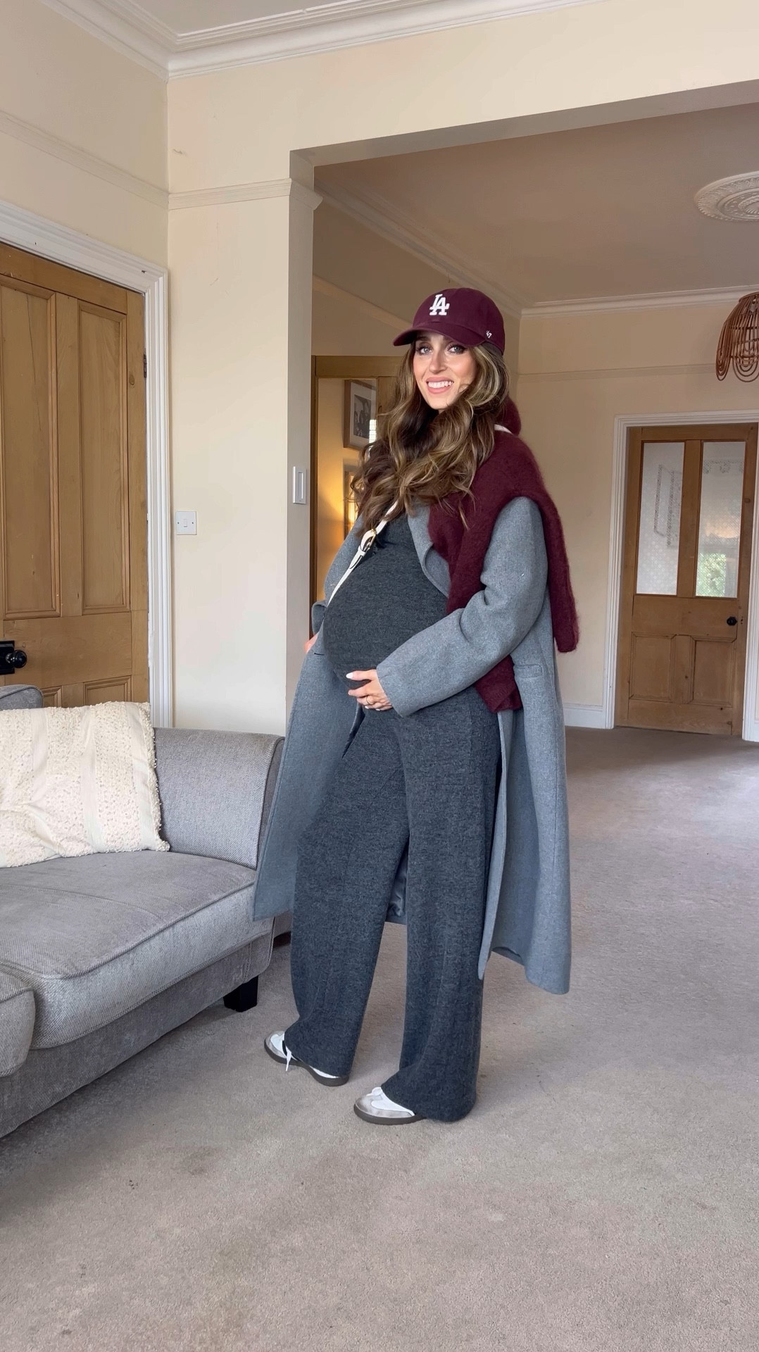 Grey and burgundy outfit 🩶🍇 Grey loungewear set, grey M&S coat, burgundy hat, burgundy jumper 🍇 Maternity wear, bump friendly 🤰🏻

#LTKuk #LTKmaternity #LTKautumn