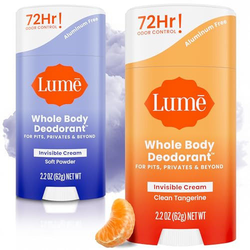Lume Whole Body Deodorant - Invisible Cream Stick - 72 Hour Odor Control - Doctor Developed - Aluminum Free, Baking Soda Free and Skin Loving - 2.2 Ounce (2 pack) (Soft Powder & Clean Tangerine) | Amazon (US)