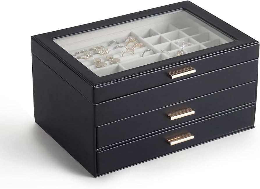 CASEGRACE Jewelry Box for Women, 3 Layer Double Drawer Jewelry Organizer Clear Lid, Large Jewelry... | Amazon (US)