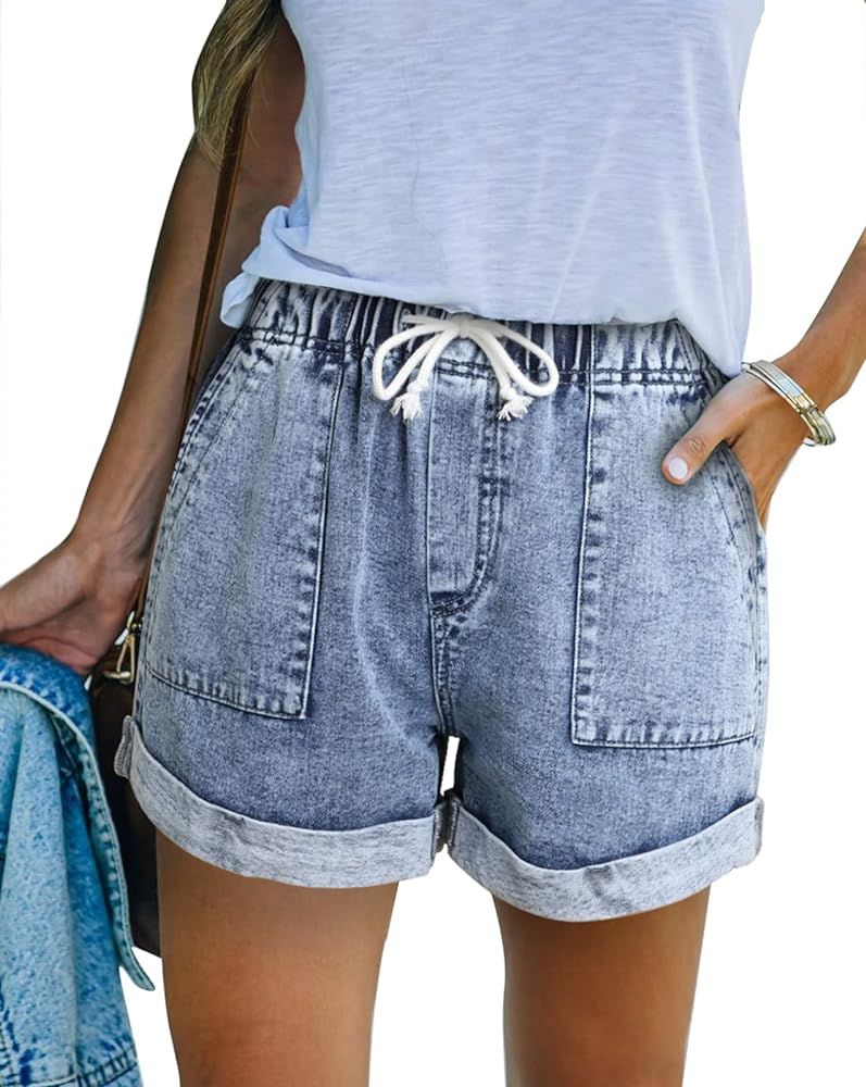 BTFBM Women Denim Shorts Elastic Waist Summer Drawstring Solid Folded Hem Casual Jeans Shorts Lounge | Amazon (US)