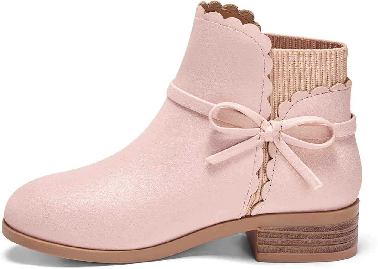 Coutgo Girls Toddler Bow Ankle Boots Pull On Low Chunky Heel Fall Dress Booties Shoes | Amazon (US)