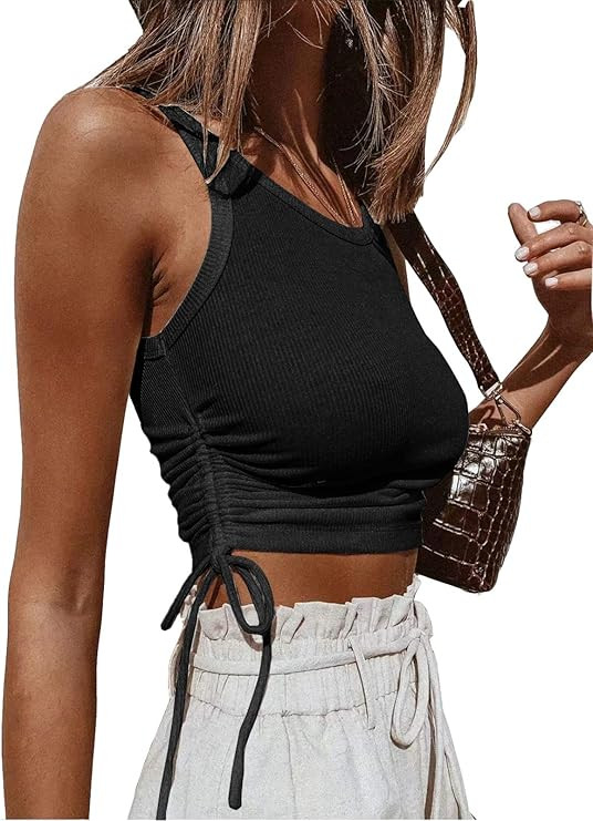 Artfish Women's Sleeveless Shirt Ribbed Drawstring Side Ruched Scoop Neck Basic Crop Tank Top | Amazon (US)